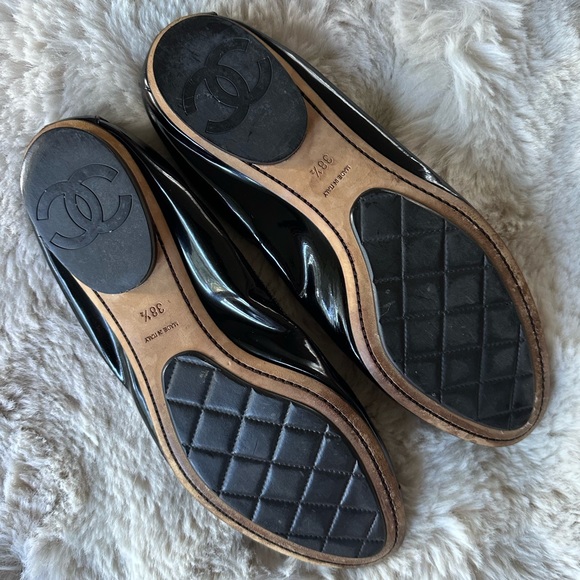 Chanel Black Patent Leather Cap Toe Stretch Spirit Ballet Flats 38.5 - Picture 6 of 11